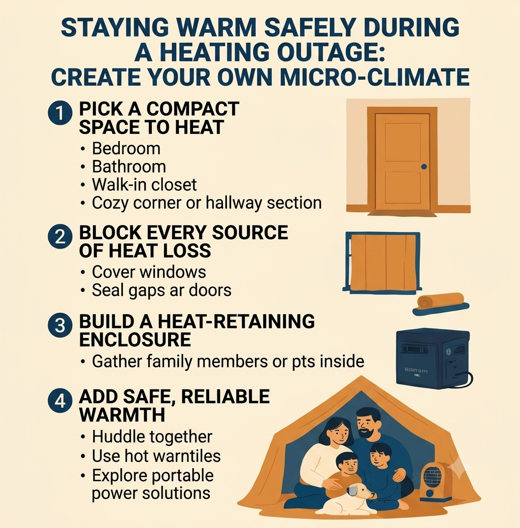 Staying Warm Safely During a Heating Outage: How to Create a Micro-Climate and Keep Your Power Station Running