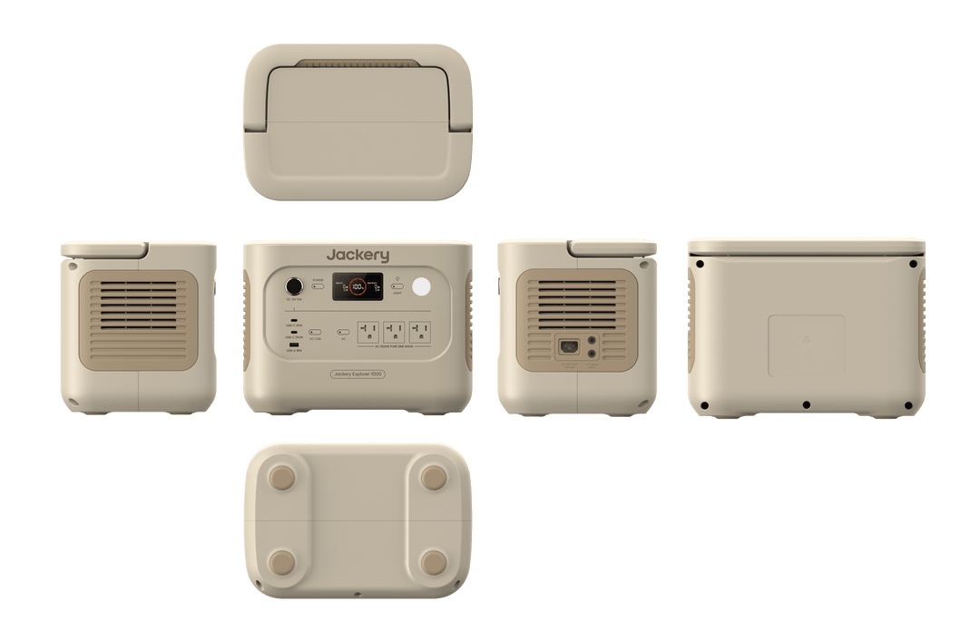 Jackery Explorer 1000v2 portable power station in Dune White with multiple outlets and digital display for outdoor and emergency use