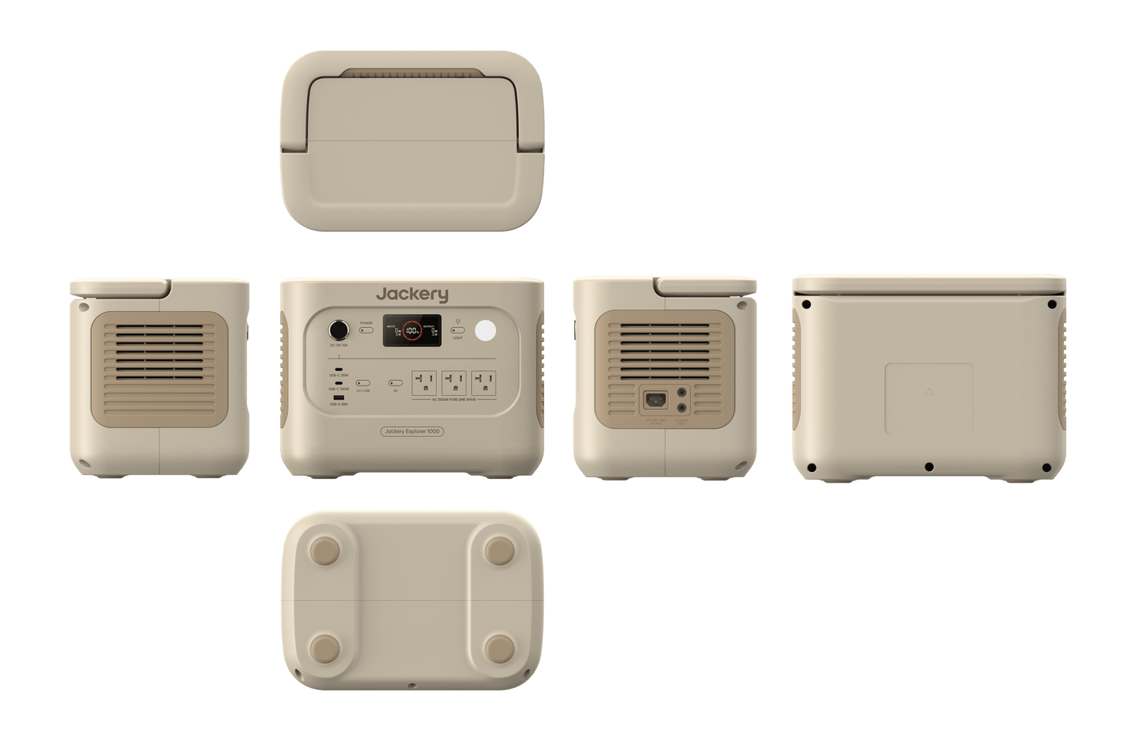 Jackery Explorer 1000v2 portable power station in Dune White with multiple outlets and digital display for outdoor and emergency use