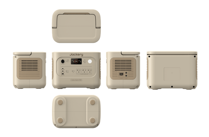 Jackery Explorer 1000v2 portable power station in Dune White with multiple outlets and digital display for outdoor and emergency use