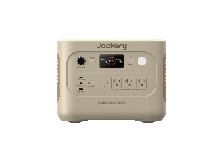 Jackery Explorer 1000v2 portable power station in Dune White with digital display and multiple charging ports, compact and lightweight.