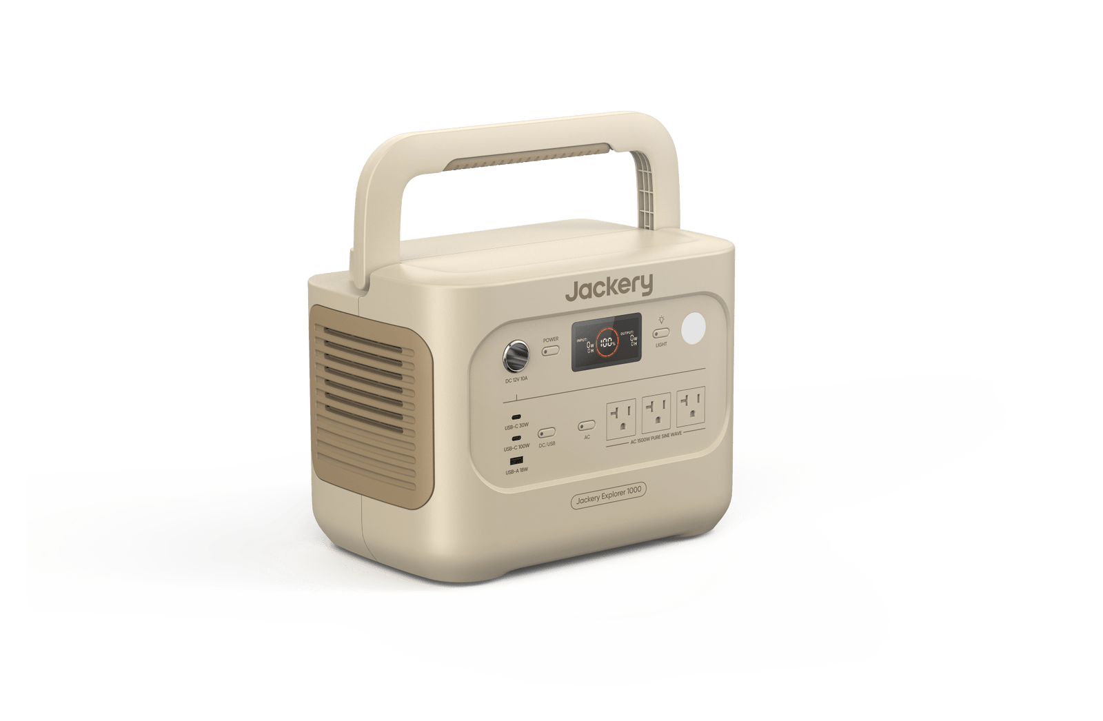 Jackery Explorer 1000v2 portable power station in Dune White with multiple outlets and digital display for versatile power supply.