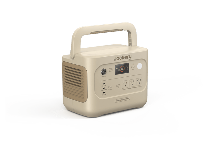 Jackery Explorer 1000v2 portable power station in Dune White with multiple outlets and digital display for versatile power supply.