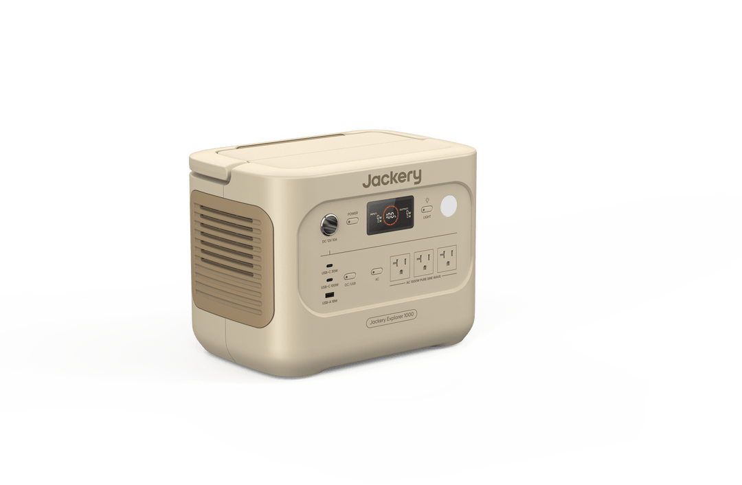 Jackery Explorer 1000v2 portable power station in Dune White with digital display and multiple outlets for outdoor or emergency use.