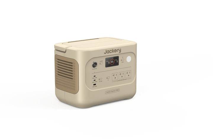 Jackery Explorer 1000v2 portable power station in Dune White with digital display and multiple outlets for outdoor or emergency use.