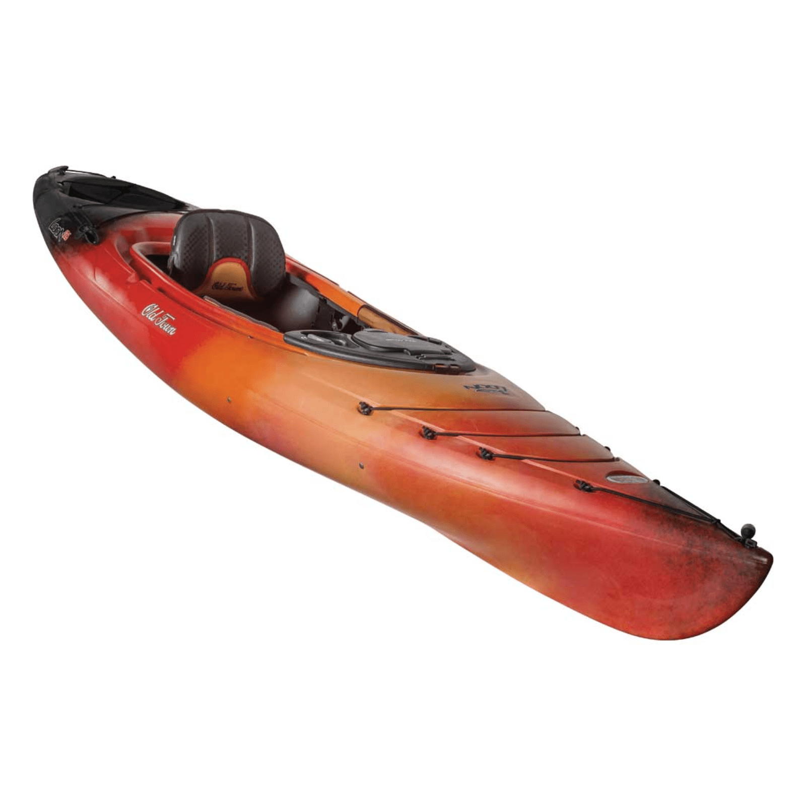 Meyer Old Town Loon 12 ft 6 in orange sit-inside recreational kayak with paddle for outdoor water adventures.