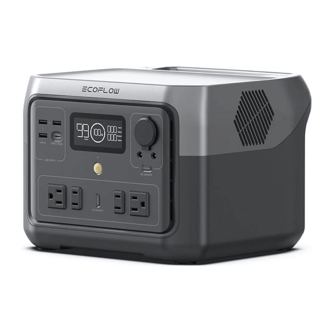 EcoFlow RIVER 2 Max portable power station with multiple outlets, compact design, and digital display for outdoor camping use.