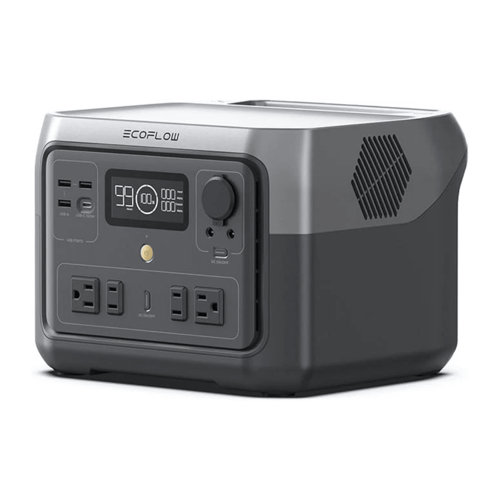 EcoFlow RIVER 2 Max portable power station with multiple outlets, compact design, and digital display for outdoor camping use.