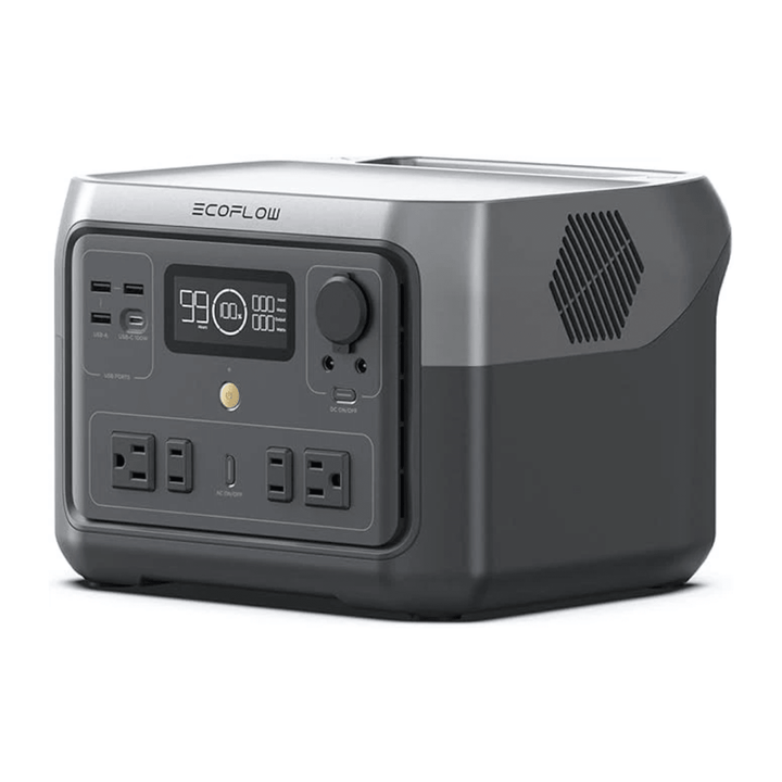 EcoFlow RIVER 2 Max portable power station with multiple outlets, compact design, and digital display for outdoor camping use.