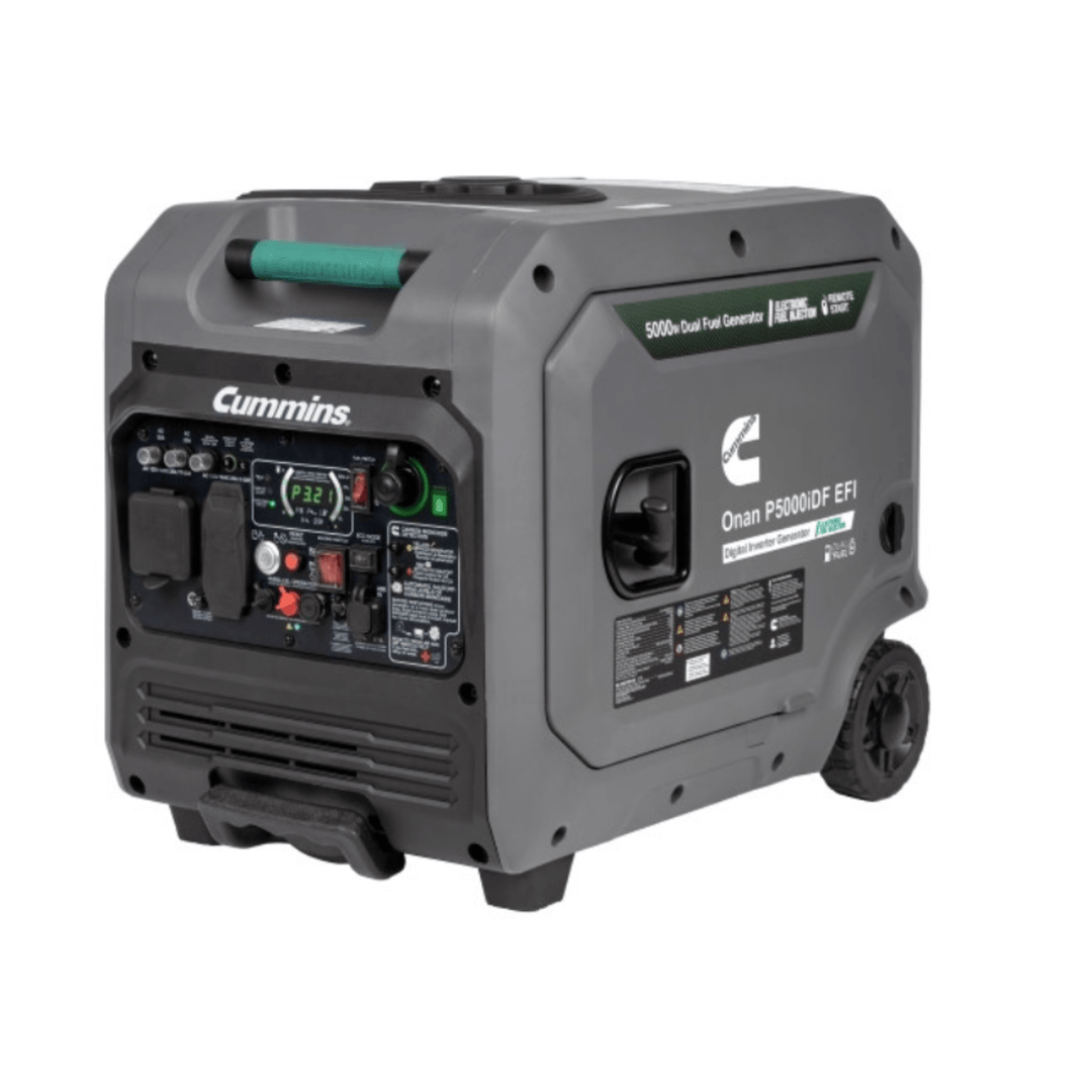 Meyer Cummins 5000 Watt dual fuel portable inverter generator for RV camping, showing compact design and control panel.