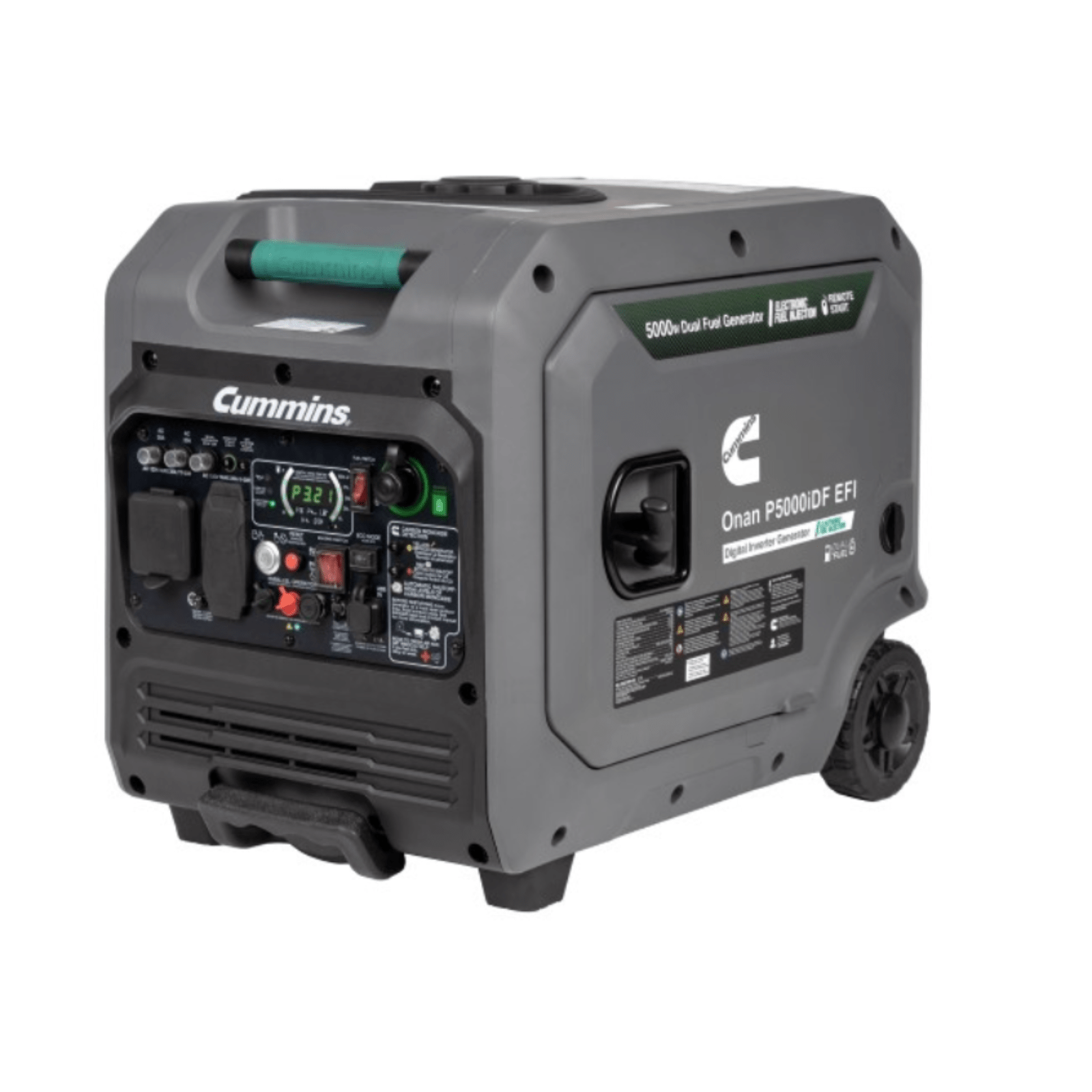 Meyer Cummins 5000 Watt dual fuel portable inverter generator for RV camping, showing compact design and control panel.