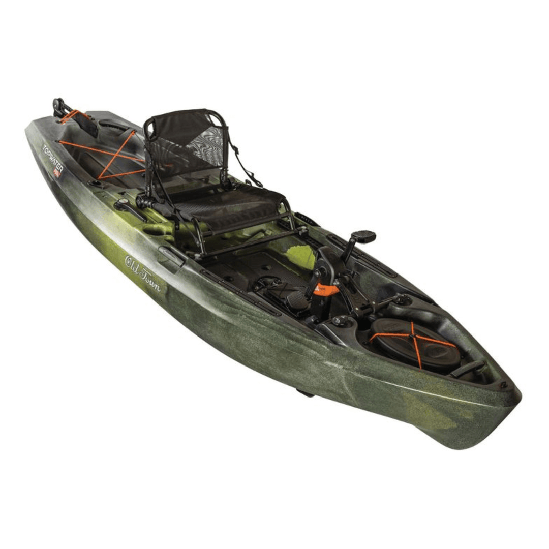 Meyer Old Town Topwater 106 PDL sit-on-top pedal fishing kayak, 10 ft 6 in, in First Light color, with seating and pedal system visible.