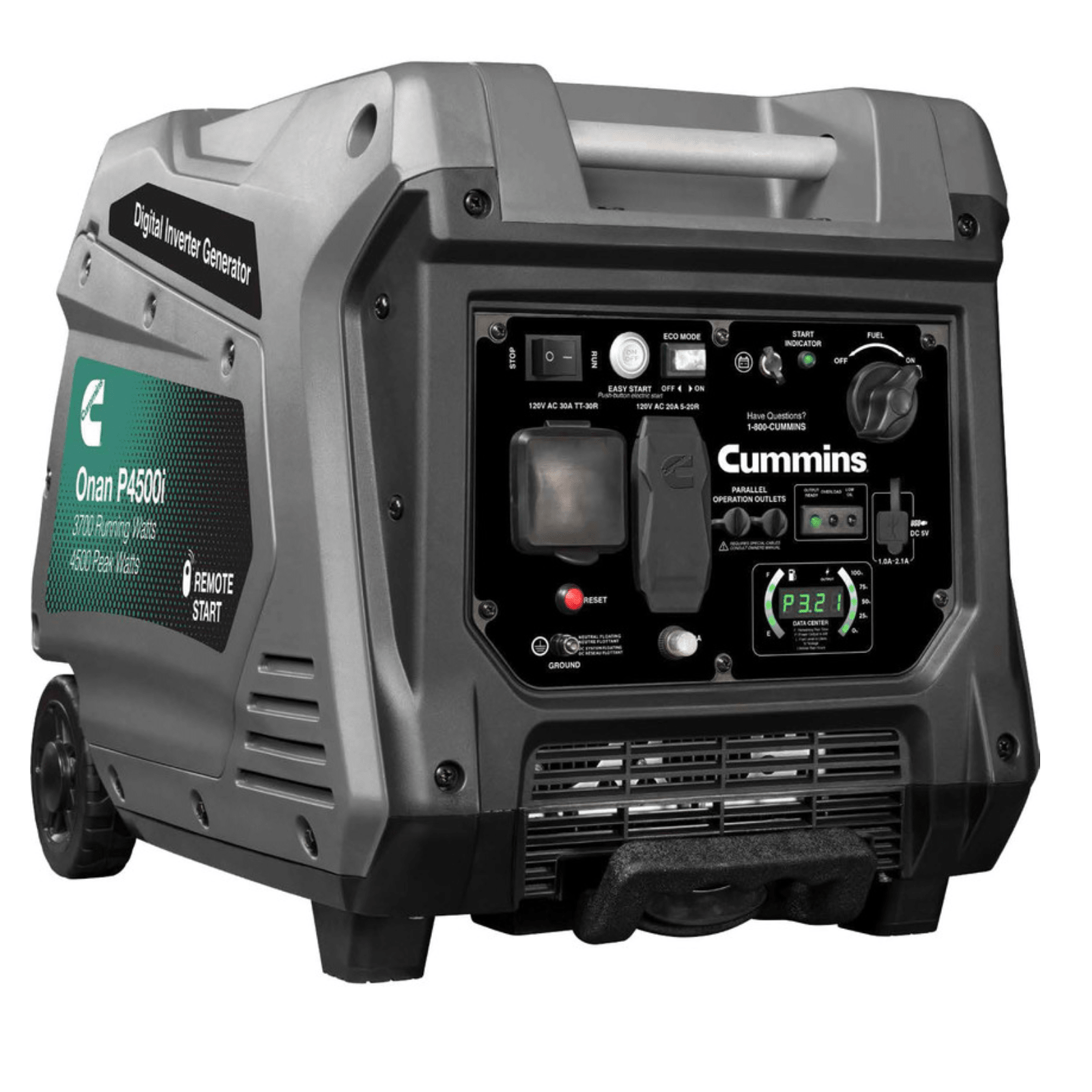 Meyer Cummins Onan 4500 Watt P4500I portable generator with remote start, black and silver, showing control panel and handle