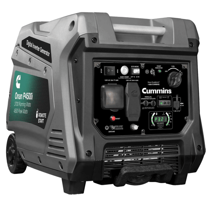 Meyer Cummins Onan 4500 Watt P4500I portable generator with remote start, black and silver, showing control panel and handle