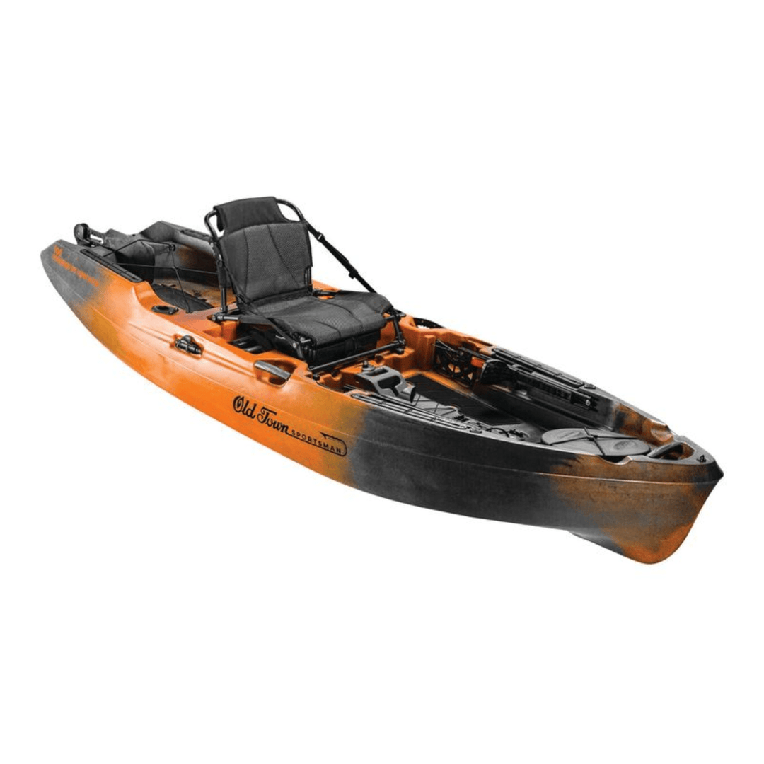 Meyer Old Town Sportsman 10 ft 6 in motorized kayak in ember camo, sit-on-top fishing kayak with seating and gear storage.