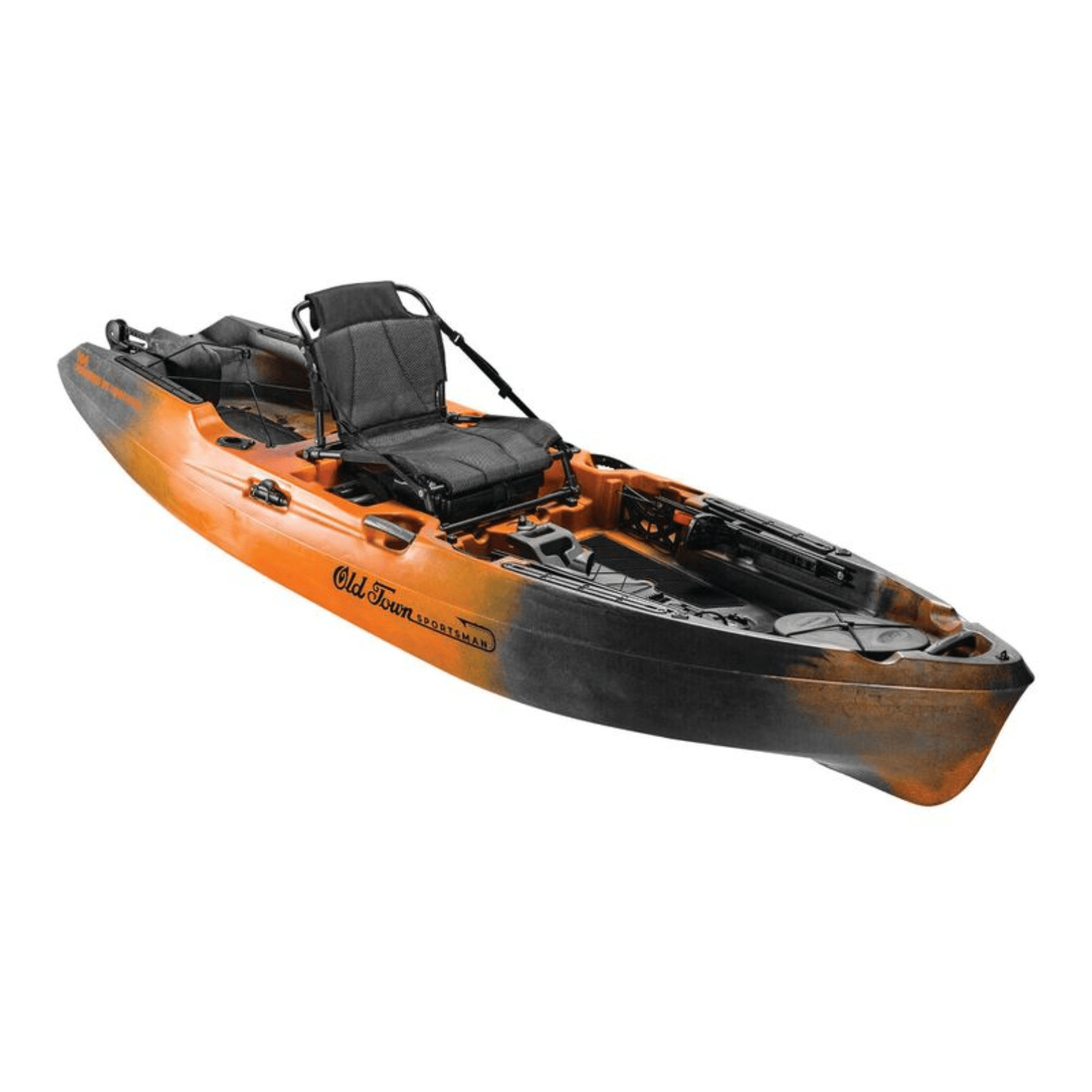 Meyer Old Town Sportsman 10 ft 6 in motorized kayak in ember camo, sit-on-top fishing kayak with seating and gear storage.