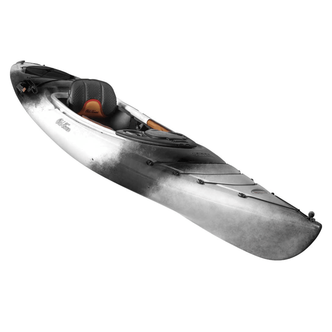 Meyer Old Town Loon 12 ft 6 in black sit inside recreation kayak on water with paddles and calm lake background.