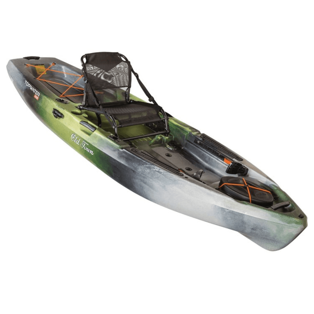 Meyer Old Town Topwater 10 ft 6 in paddle kayak for fishing, sit-in design, with seat and paddle visible on calm water.