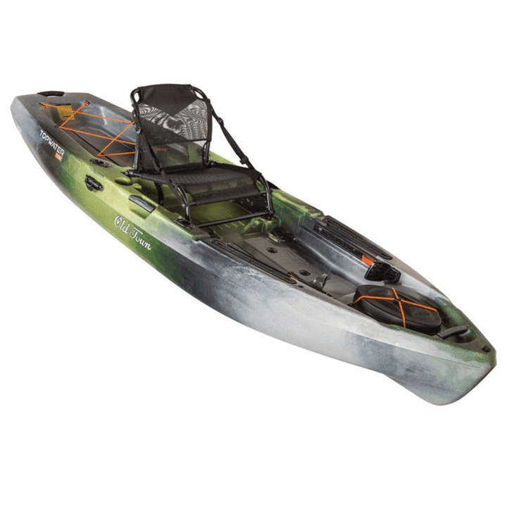 Meyer Old Town Topwater 10 ft 6 in paddle kayak for fishing, sit-in design, with seat and paddle visible on calm water.