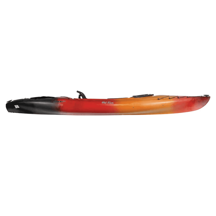 Orange Old Town Loon 120 kayak by Meyer, 12ft sit-inside recreational kayak with orange hull and seating for paddling.