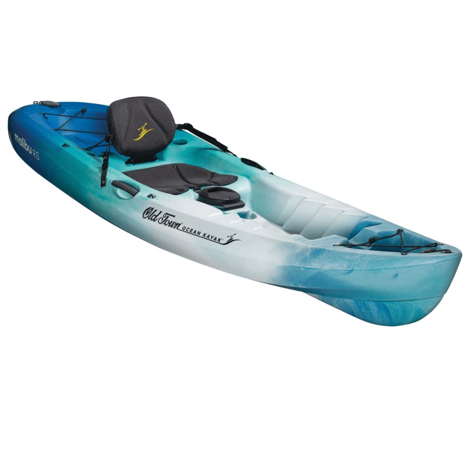 Meyer Old Town Ocean Paddle Kayak Malibu 9 ft 5 in sit-on-top recreational kayak on calm water, featuring blue and white design.