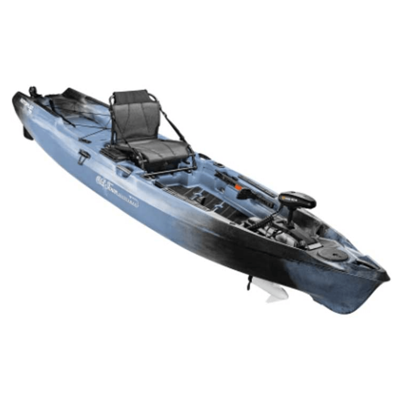Meyer Old Town Sportsman AutoPilot 11 ft 4 in motorized kayak in steel camo with sit-on-top design and paddle on water.
