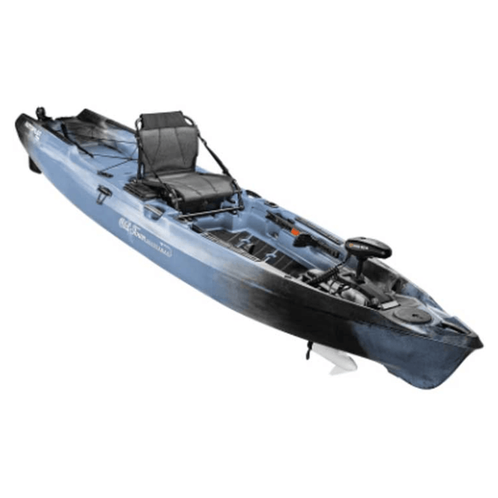 Meyer Old Town Sportsman AutoPilot 11 ft 4 in motorized kayak in steel camo with sit-on-top design and paddle on water.