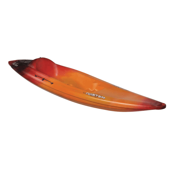 Meyer Old Town Twister sit-on-top recreational kayak in lava orange, 11 ft 3 in length, shown on calm water.