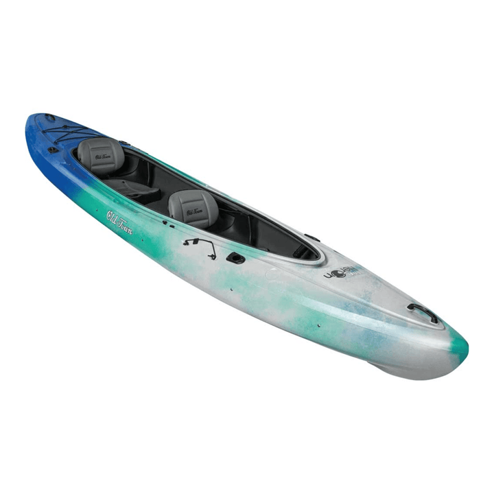 Meyer Old Town Twin Heron recreational tandem sit-inside kayak, 13 ft 6 in length, shown on water with paddles inside.