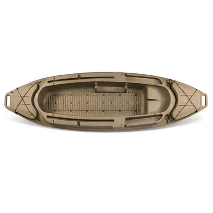 Meyer Beavertail Stealth 1200 sit-inside kayak in marsh brown with catamaran-style hull, 12 ft length, for outdoor water adventures.