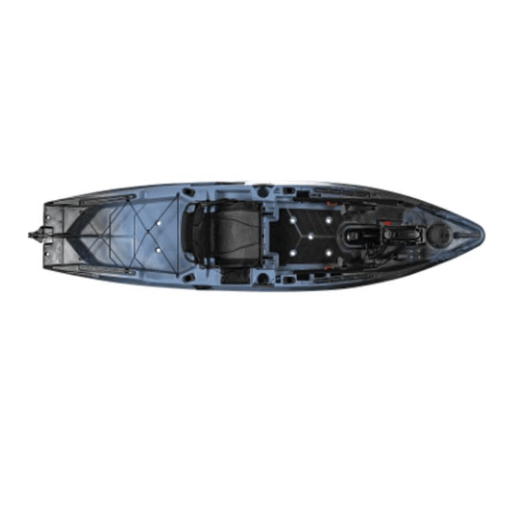 Meyer Old Town Sportsman AutoPilot 120 steel camo motorized sit-on-top fishing kayak with seating and motor mount.