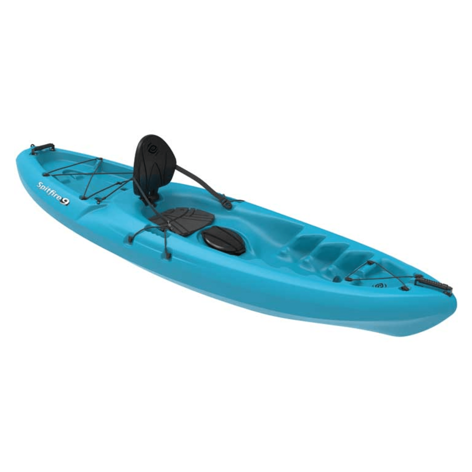 Meyer Lifetime Emotion Spitfire 9 ft sit-on-top kayak with Glacier Blue HDPE hull, designed for durable waterfowl paddling.