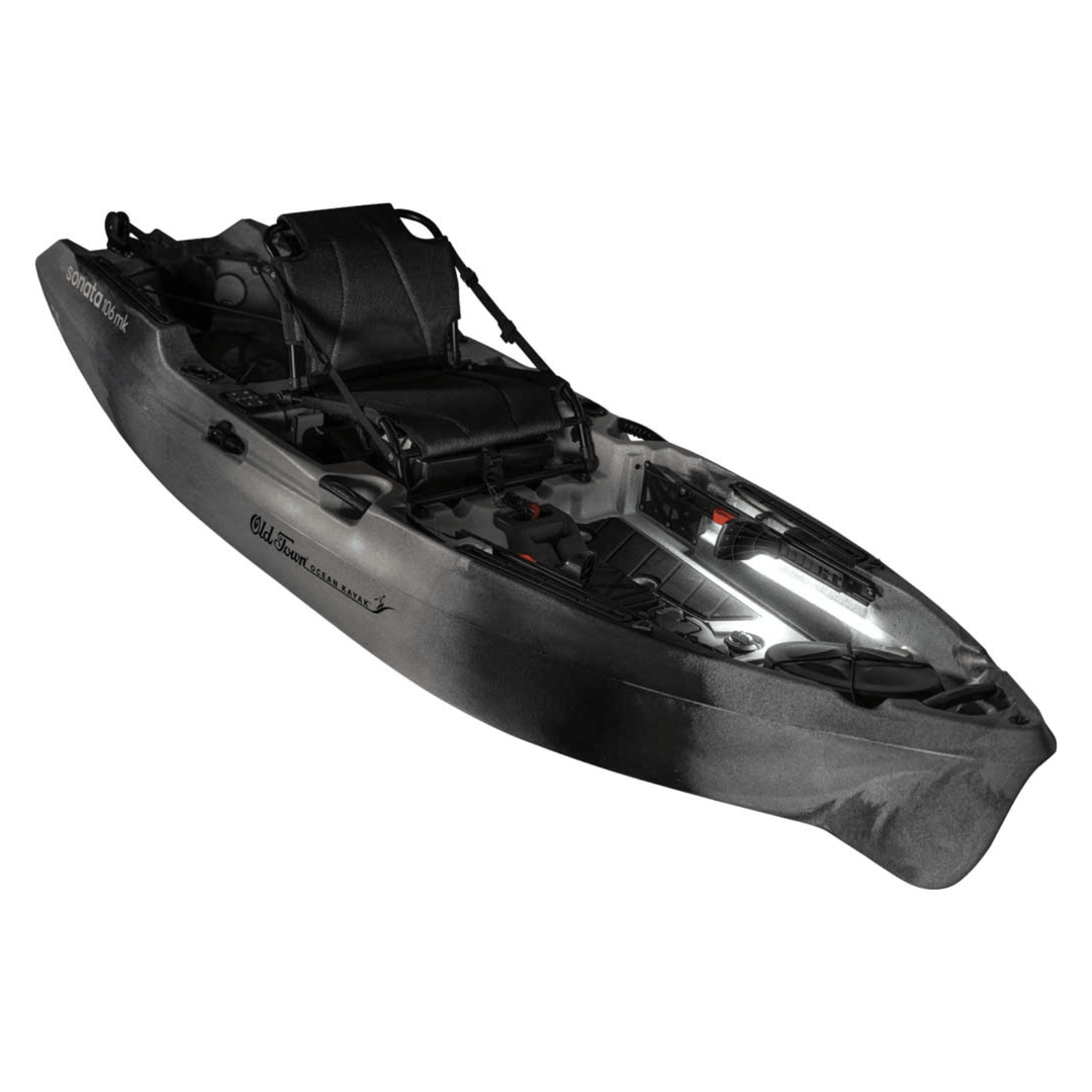 Meyer Old Town Ocean Sonata 106MK sit-on-top fishing kayak in cinder, 10 ft 6 in, with motorized features for recreation.