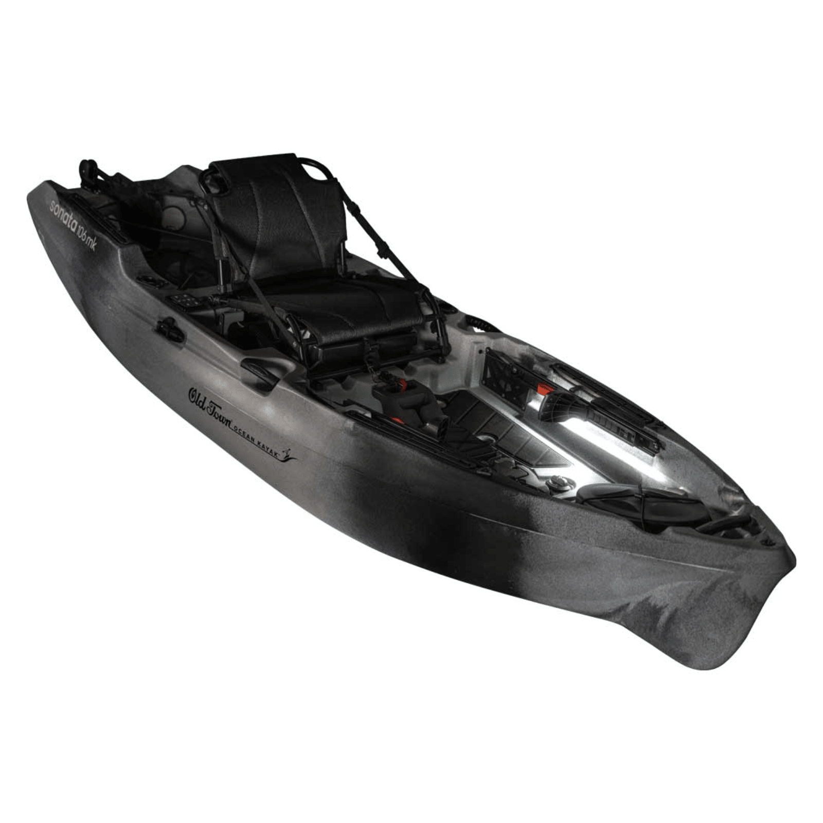 Meyer Old Town Ocean Sonata 106MK sit-on-top fishing kayak in cinder, 10 ft 6 in, with motorized features for recreation.