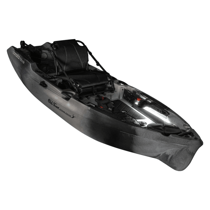 Meyer Old Town Ocean Sonata 106MK sit-on-top fishing kayak in cinder, 10 ft 6 in, with motorized features for recreation.