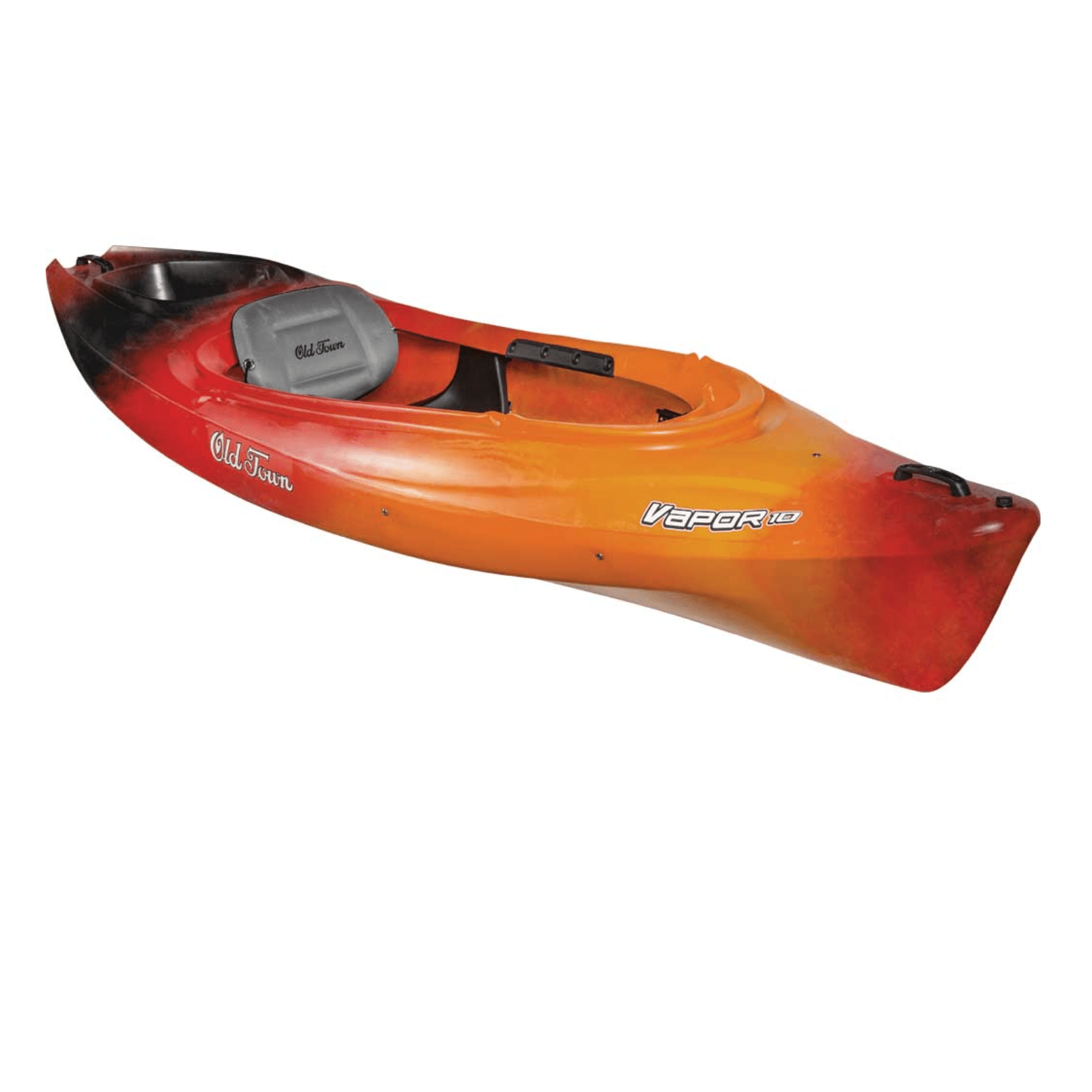 Meyer Old Town Vapor 10 ft orange sit-inside recreational kayak on water with paddle and calm lake background.