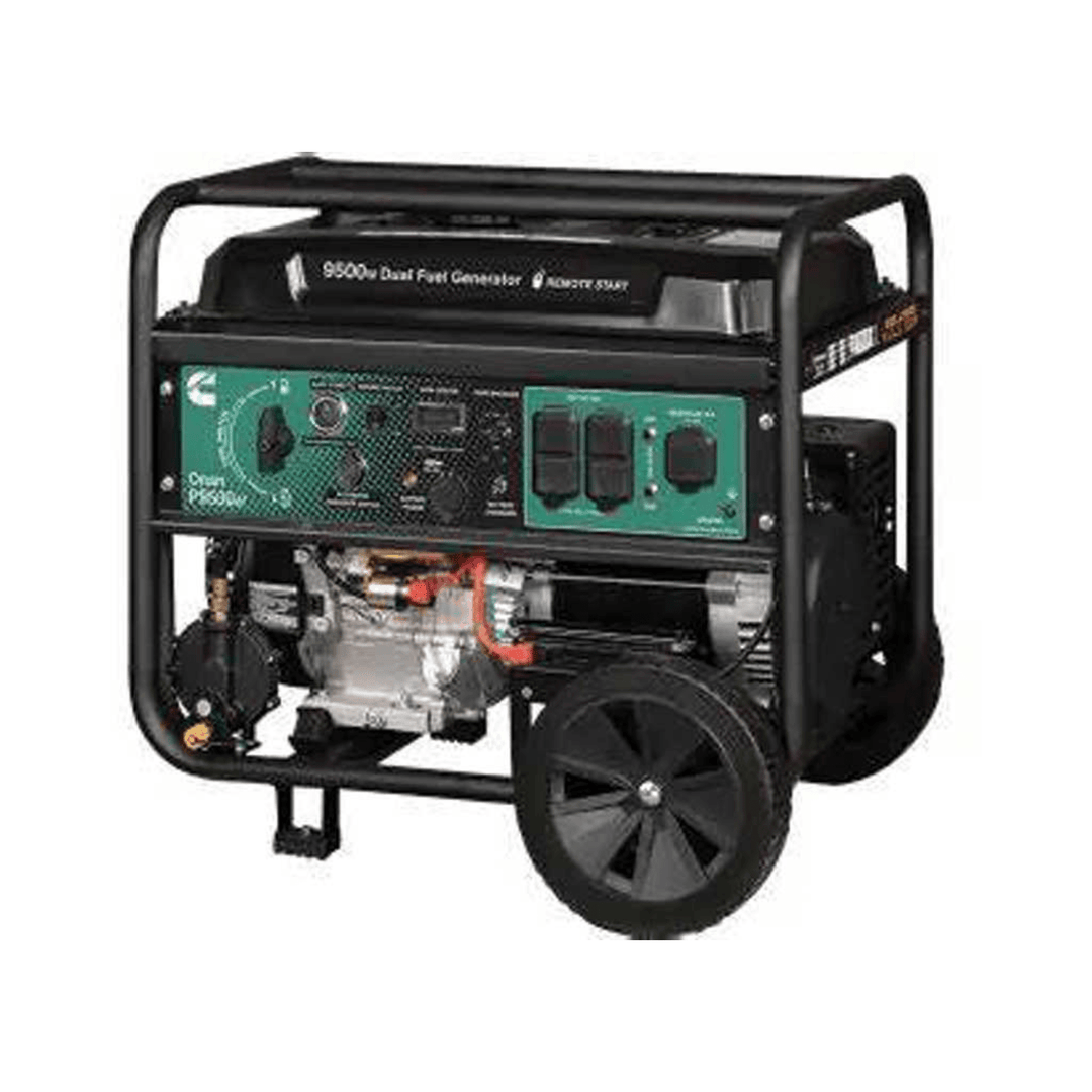 Meyer Cummins Onan 9500 Watt dual fuel portable generator with EFI system, compact design, and sturdy handles for reliable power.