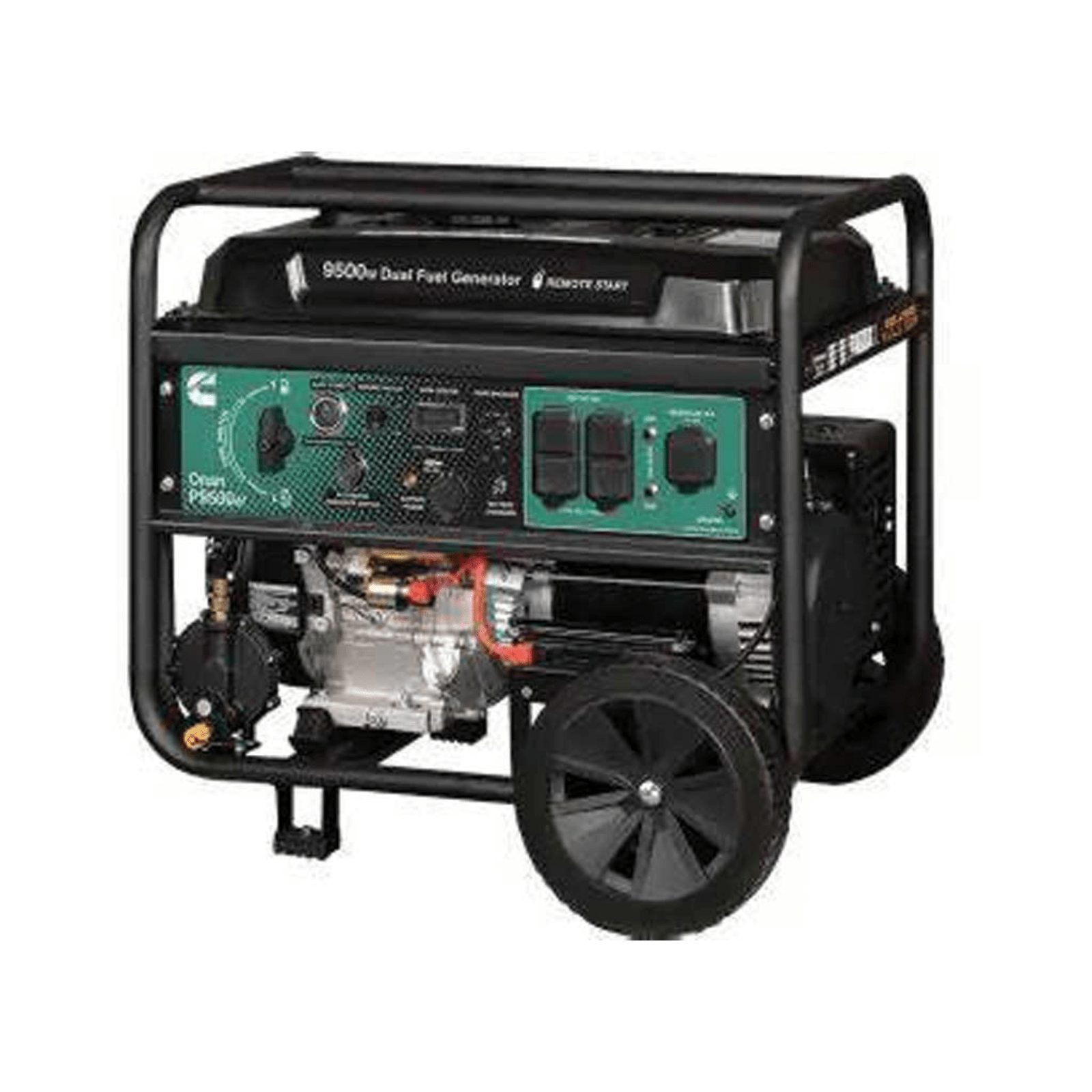 Meyer Cummins Onan 9500 Watt dual fuel portable generator with EFI system, compact design, and sturdy handles for reliable power.