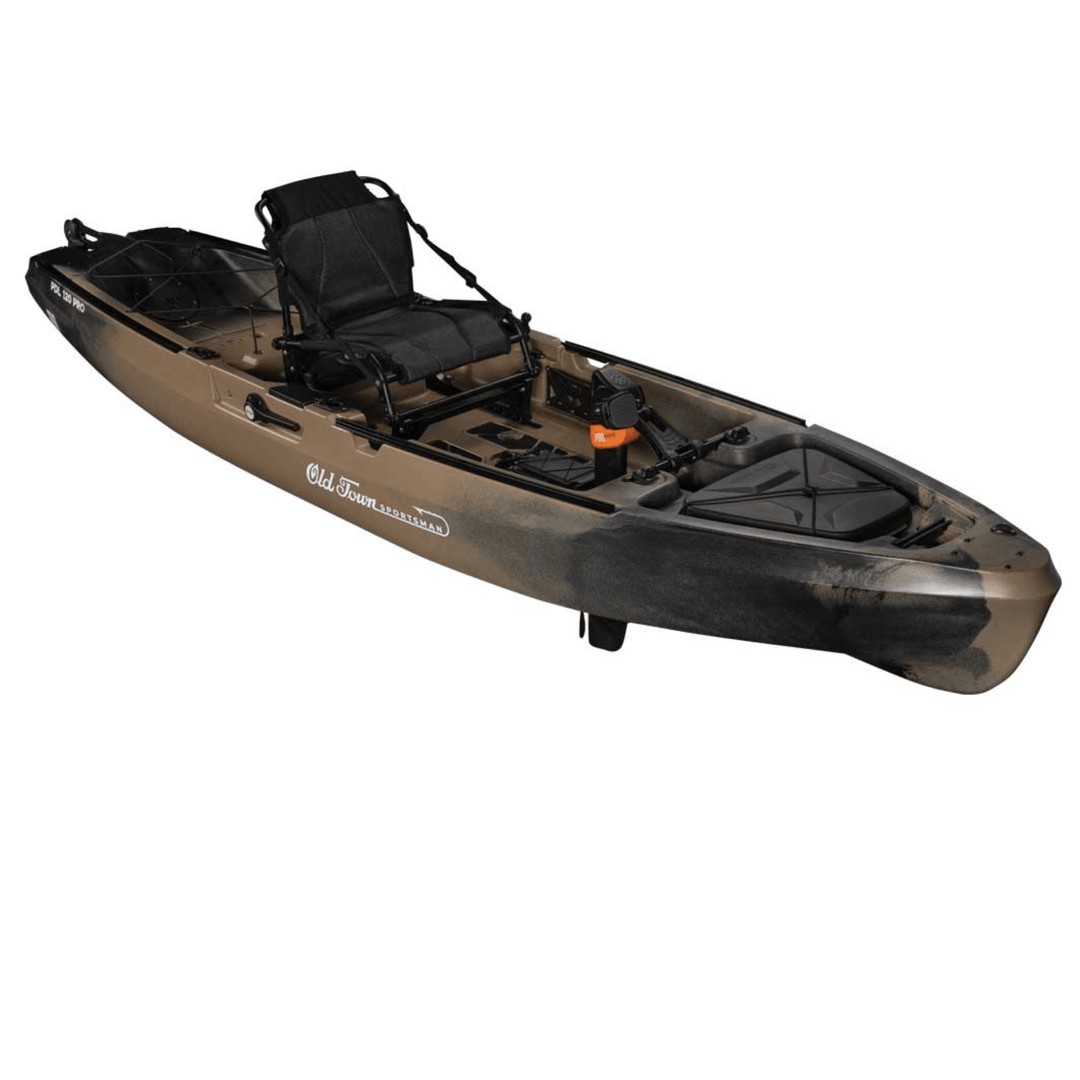 Meyer Old Town Sportsman PDL 120 Pro sit-on-top fishing kayak, 12-foot pedal kayak in tan, with paddle and fishing gear.