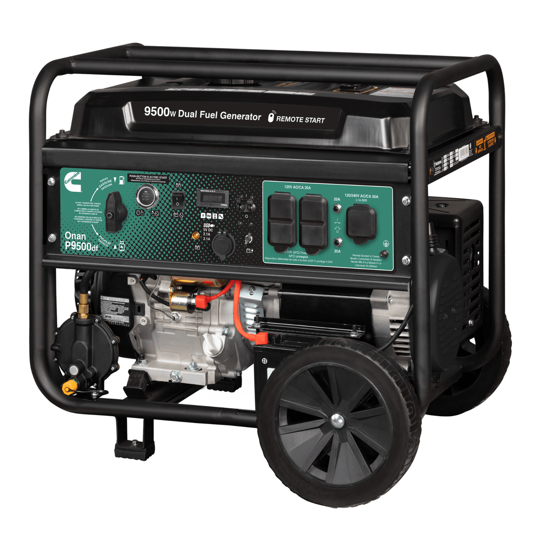 Meyer Cummins Onan 9500 Watt dual fuel portable generator with remote start, featuring control panel and fuel switch.