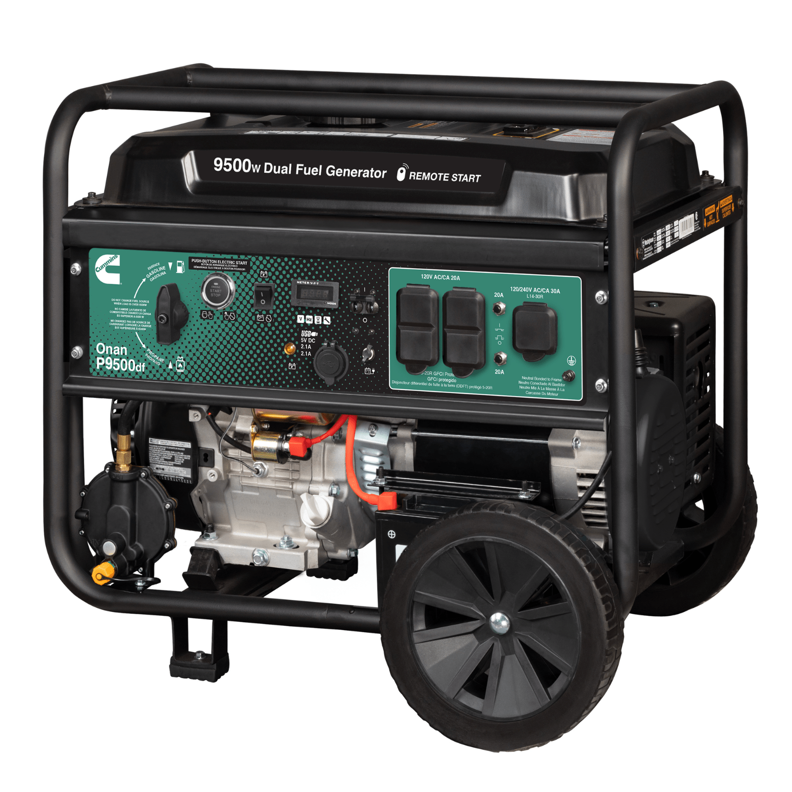 Meyer Cummins Onan 9500 Watt dual fuel portable generator with remote start, featuring control panel and fuel switch.
