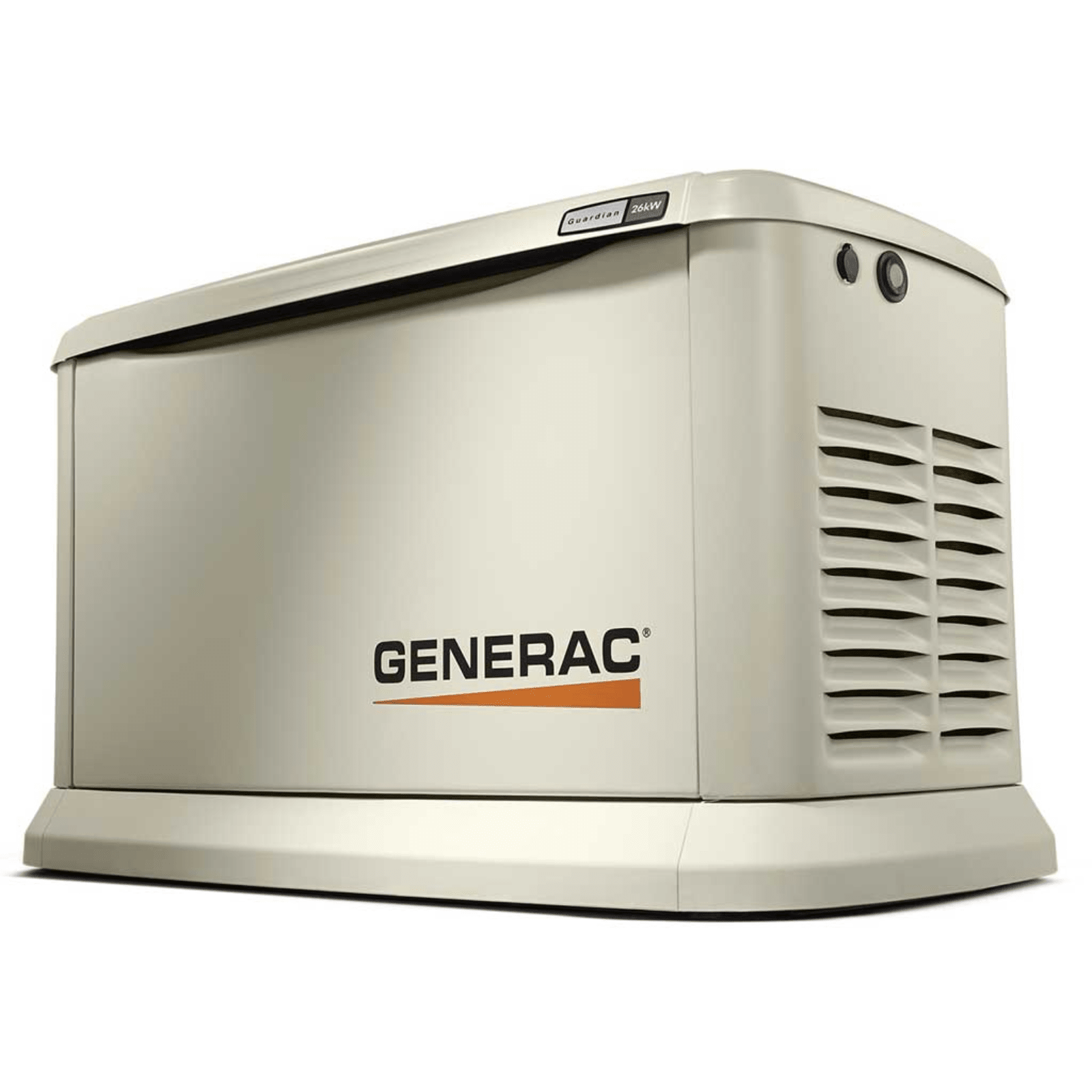 Meyer Generac Guardian 26kW standby generator with 200A transfer switch, LP and NG fuel options, installed outdoors in a residential setting.