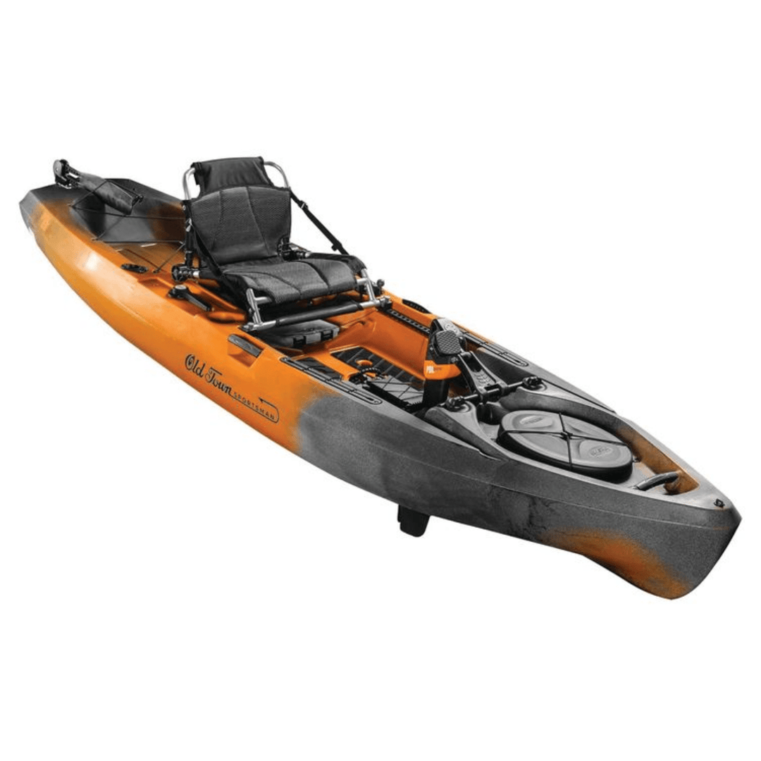 Meyer Old Town Sportsman PDL 120 pedal fishing kayak in ember camo, 12 ft sit-on-top design with paddle accessories.
