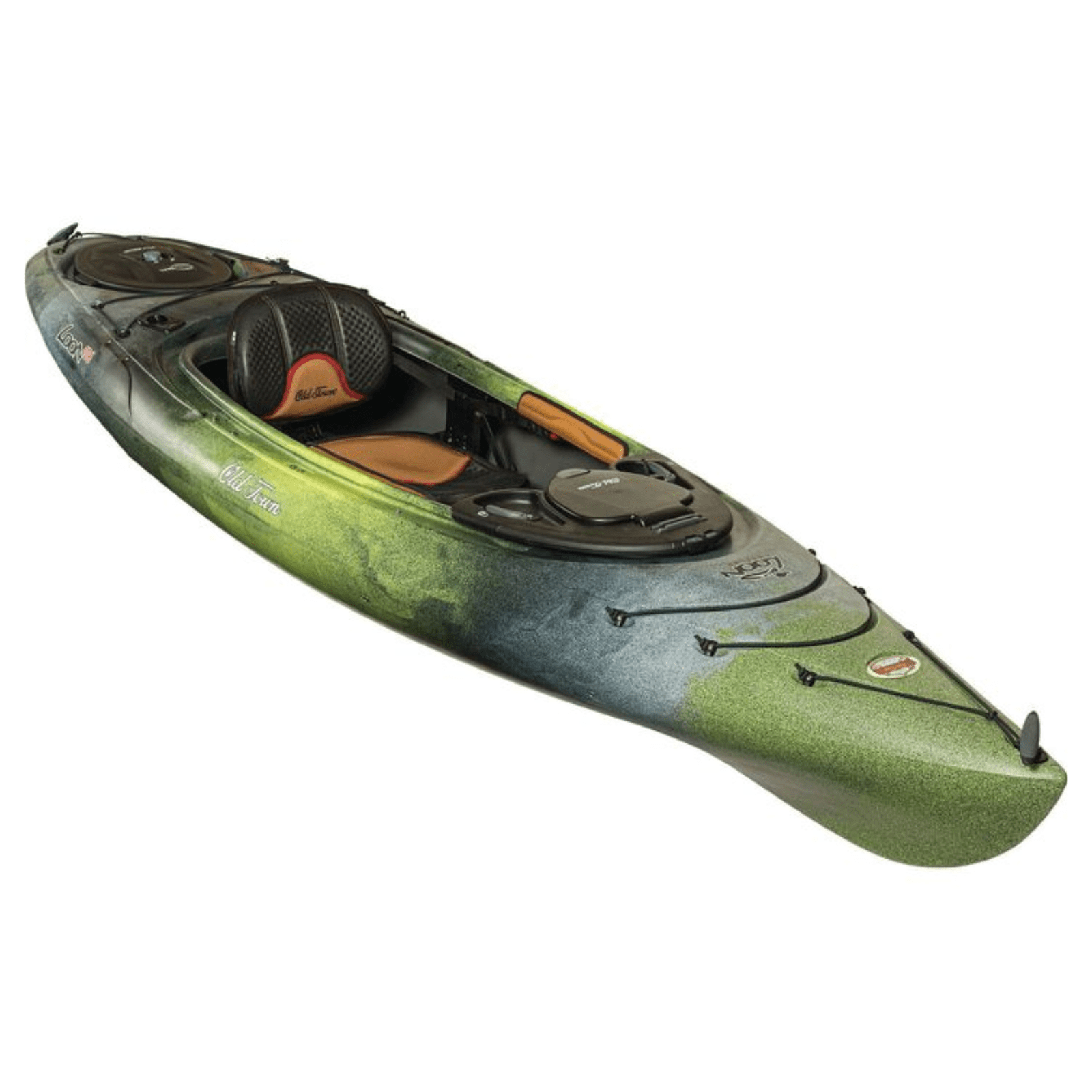 Meyer Old Town Loon 10 ft 6 in angler sit-inside paddle kayak on water, featuring a sleek design and comfortable seating.