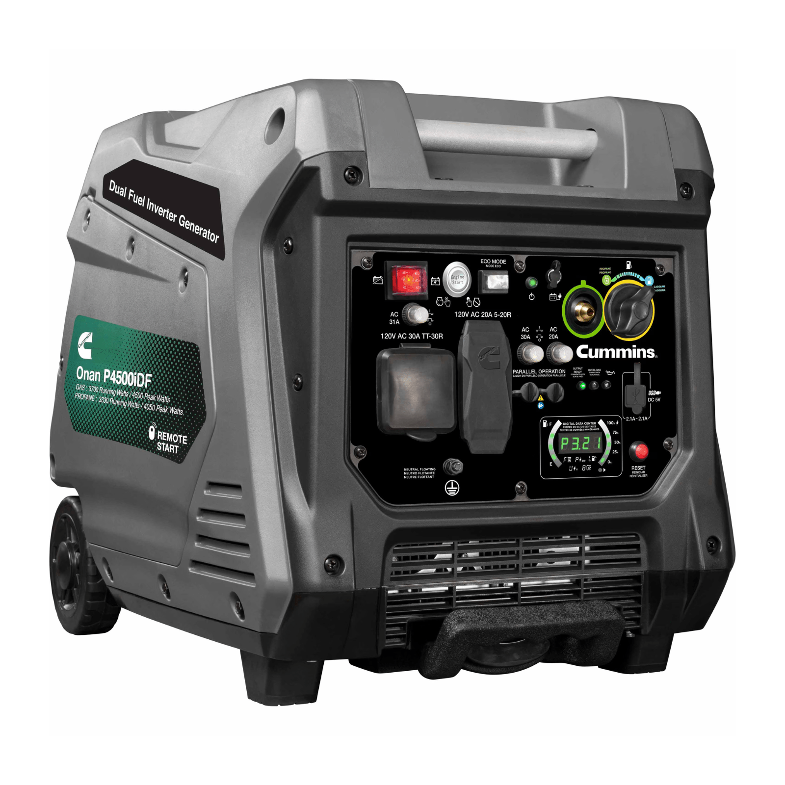 Meyer Cummins Onan 4500W dual fuel portable inverter generator with quiet operation and digital controls.