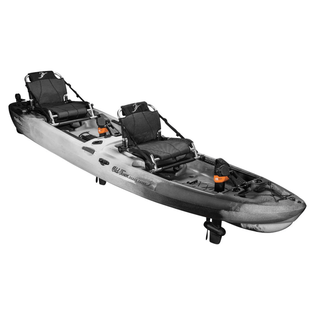 Meyer Old Town Ocean Malibu Pedal Tandem Sit-On-Top Kayak, 13ft 6in, in Cinder color, shown on water with paddles.