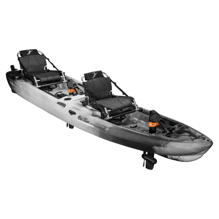 Meyer Old Town Ocean Malibu Pedal Tandem Sit-On-Top Kayak, 13ft 6in, in Cinder color, shown on water with paddles.