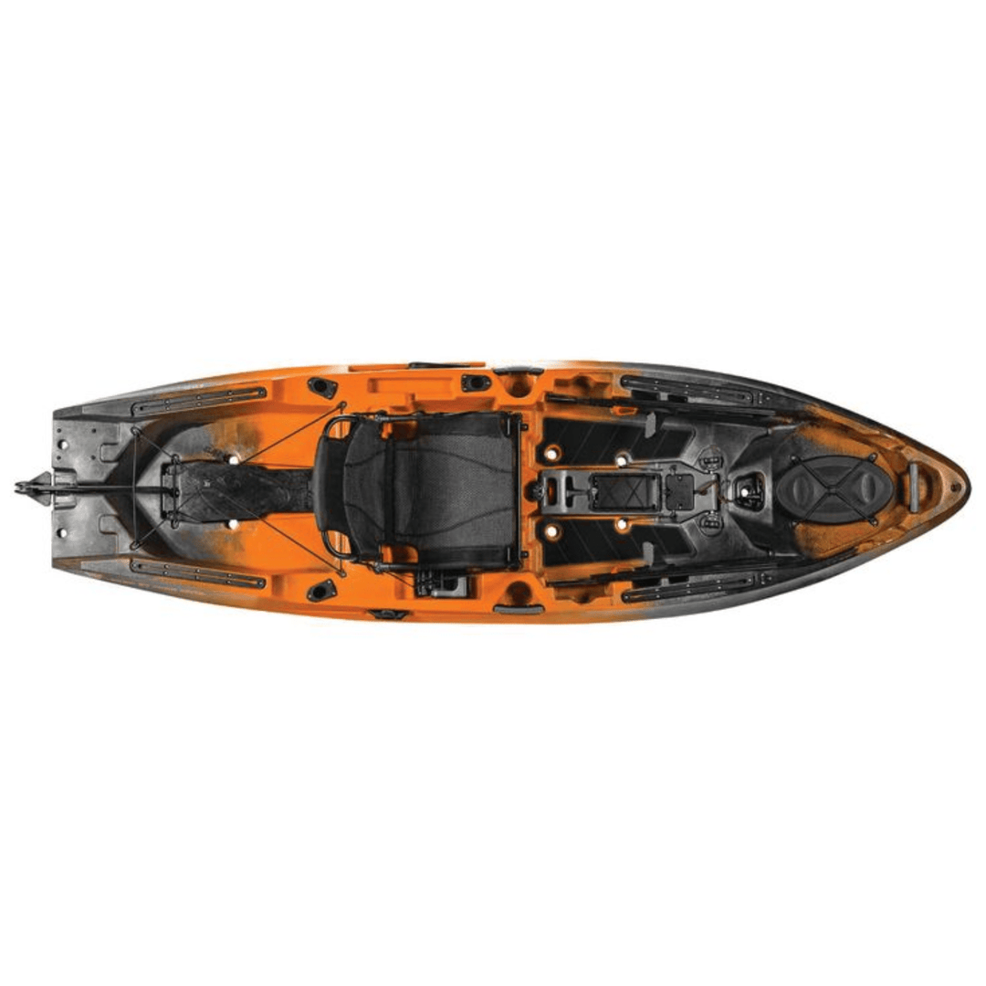 Meyer Old Town Sportsman 10 ft 6 in motorized fishing kayak in Ember Camo, sit-on-top design with fishing accessories visible