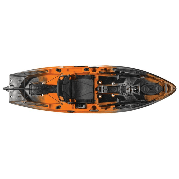 Meyer Old Town Sportsman 10 ft 6 in motorized fishing kayak in Ember Camo, sit-on-top design with fishing accessories visible