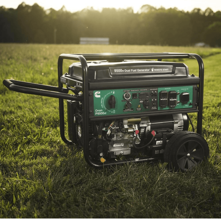Meyer Cummins Onan 9500 Watt 49S dual fuel portable generator with remote start, showing control panel and fuel capacity.